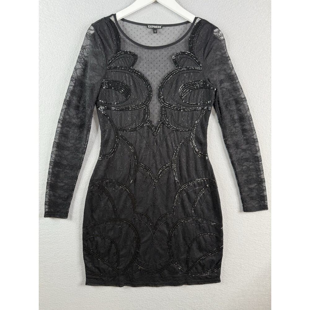 Express Cocktail Dress Womens Sz 8‎ Black Party Sheer Sparkly Evening Beaded